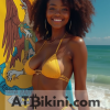 Louisiana bikini contest woman in Golden bikini in front of Louisiana state flag lookalike