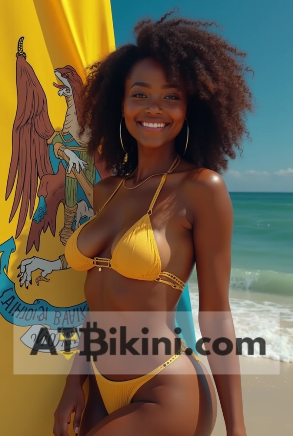Louisiana bikini contest woman in Golden bikini in front of Louisiana state flag lookalike