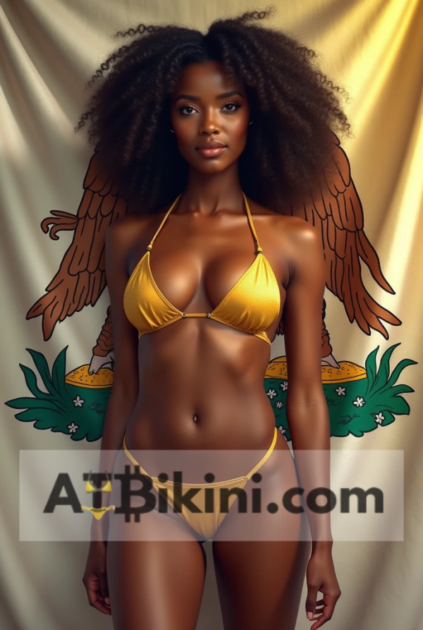 Louisiana bikini contest woman in Golden bikini in front of Louisiana state flag lookalike