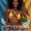 Louisiana bikini contest woman in Golden bikini in front of Louisiana state flag lookalike