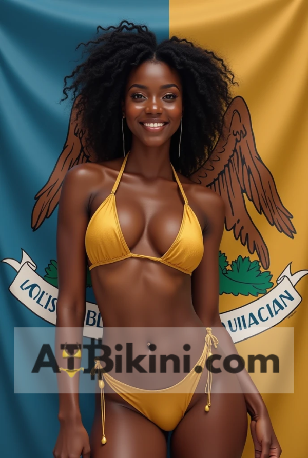 Louisiana bikini contest woman in Golden bikini in front of Louisiana state flag lookalike