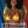 Louisiana bikini contest woman in Golden bikini in front of Louisiana state flag lookalike