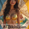 Louisiana bikini contest woman in Golden bikini in front of Louisiana state flag lookalike