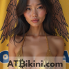Louisiana bikini contest woman in Golden bikini in front of Louisiana state flag lookalike