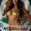 Louisiana bikini contest woman in Golden bikini in front of Louisiana state flag lookalike