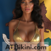 Louisiana bikini contest woman in Golden bikini in front of Louisiana state flag lookalike