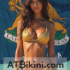 Louisiana bikini contest woman in Golden bikini in front of Louisiana state flag lookalike