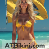 Louisiana bikini contest woman in Golden bikini in front of Louisiana state flag lookalike