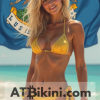 Louisiana bikini contest woman in Golden bikini in front of Louisiana state flag lookalike