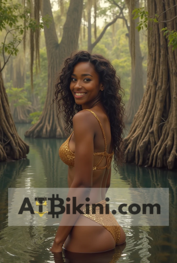Louisiana golden bikini contest, woman in Golden bikini in front of Louisiana natural beauty