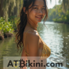 Louisiana golden bikini contest, woman in Golden bikini in front of Louisiana natural beauty