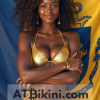 Massachusetts bikini contest woman in Golden bikini in front of Massachusetts state flag lookalike