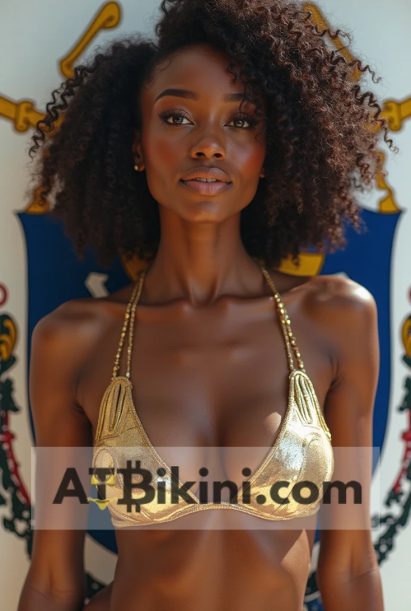 Massachusetts bikini contest woman in Golden bikini in front of Massachusetts state flag lookalike