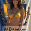 Massachusetts bikini contest woman in Golden bikini in front of Massachusetts state flag lookalike