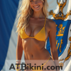 Massachusetts bikini contest woman in Golden bikini in front of Massachusetts state flag lookalike