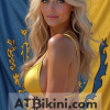 Massachusetts bikini contest woman in Golden bikini in front of Massachusetts state flag lookalike