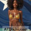 Michigan bikini contest woman in Golden bikini in front of Michigan flag lookalike