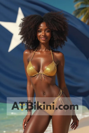 Michigan bikini contest woman in Golden bikini in front of Michigan flag lookalike