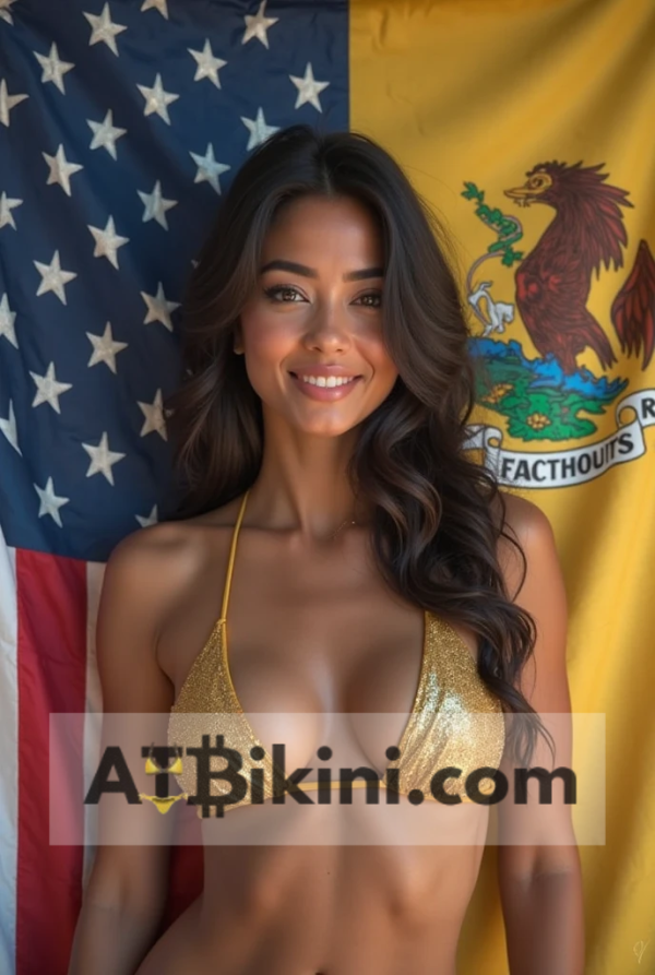Michigan bikini contest woman in Golden bikini in front of Michigan flag lookalike