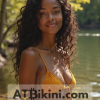 Michigan golden bikini contest, woman in Golden bikini in front of Michigan natural beauty
