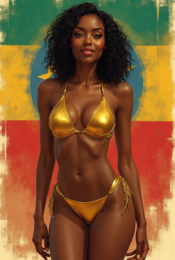 Golden Ethiopia pinup woman bikini