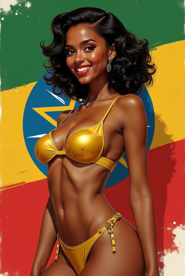 Pinup woman Ethiopia gold bikini