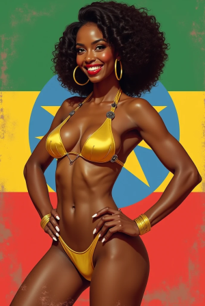 Ethiopia pinup woman golden bikini